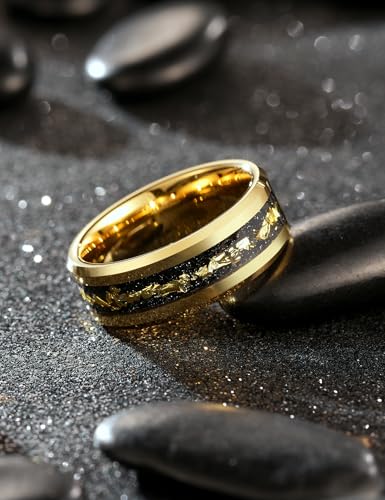 King Will Mens Wedding Band with Foils Inlay, Black/Silver/Gold Beveled Edge Glowstone Ring, 6mm/8mm Tungsten Carbide Rings Comfort Fit - color: Gold&Gold-8mm