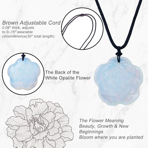 Crystal Flower Pendant Necklace for Women, Hand Carved Sculpted Flower Bloom Charm, Healing Stone Jewelry Gift for Her Mom Girlfriend - color: White