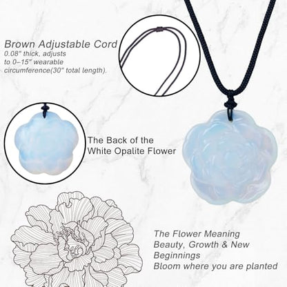 Crystal Flower Pendant Necklace for Women, Hand Carved Sculpted Flower Bloom Charm, Healing Stone Jewelry Gift for Her Mom Girlfriend - color: White
