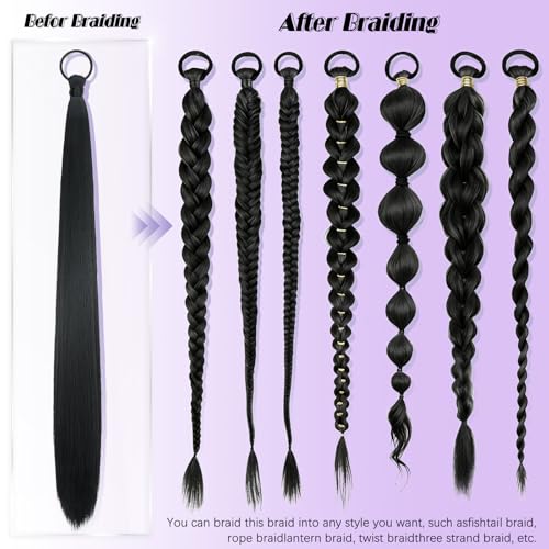 Black Ponytail Extension for Women 2PCS DIY Braided Ponytail Extension with Hair Tie Long Yaki Straight Hairpieces for Active Wear Gym Party Beginners 26 Inches - color: Black