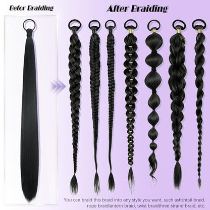 Black Ponytail Extension for Women 2PCS DIY Braided Ponytail Extension with Hair Tie Long Yaki Straight Hairpieces for Active Wear Gym Party Beginners 26 Inches - color: Black