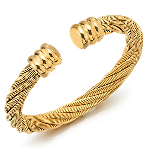 COOLSTEELANDBEYOND Large Elastic Adjustable Steel Twisted Wire Cuff Bangle Bracelet for Men Women - color: B-Metal Color: Gold