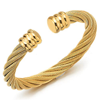 COOLSTEELANDBEYOND Large Elastic Adjustable Steel Twisted Wire Cuff Bangle Bracelet for Men Women - color: B-Metal Color: Gold