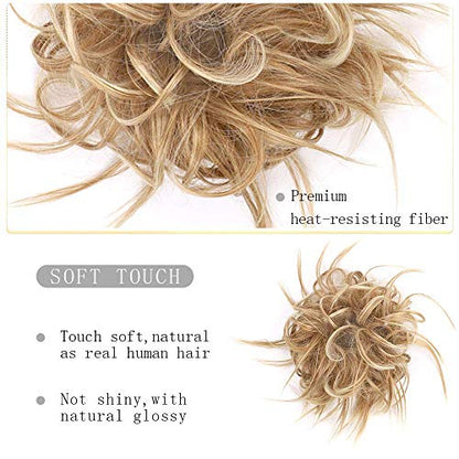 HMD Tousled Updo Messy Bun Hair Piece Ponytail Hairpieces for Women | Synthetic Hair Extension Ponytail with Elastic Rubber Band, Updo Hairpiece Hair Bun Scrunchies for Women Daily Party - color: 27T613(Honey Blonde Mix Bleach Blonde)