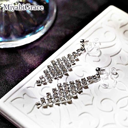 Dangle Silver Invisible Clip On Earrings for Women Not Pierced Gold Crystal Rhinestone Comfortable Hoop Fringe Long Chain Clip On Earrings - color: Diamond Silver