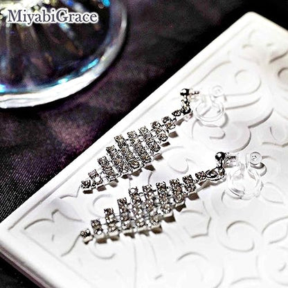 Dangle Silver Invisible Clip On Earrings for Women Not Pierced Gold Crystal Rhinestone Comfortable Hoop Fringe Long Chain Clip On Earrings - color: Diamond Silver