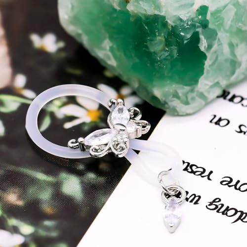 2 Pcs Butterfly Fake Nipple Rings for Women, CZ Nipple Noose Nipple Jewelry Non Piercing Dangle Nipple Ring, Non Pierced Nipple Body Jewelry - color: silver