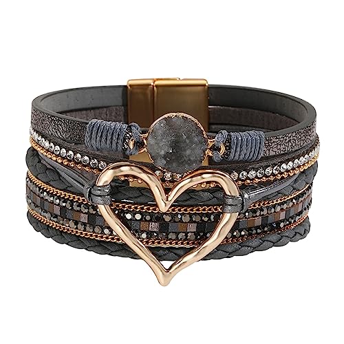 Womens Love Heart Leather Wrap Bracelet Multi-layer Stacked Bangle | Magnetic Clasp Soft PU Leather Resin Stone Rhinestone Boho Style Birthday Valentine Christmas Bohemian Jewelry Gift - color: Dark Grey