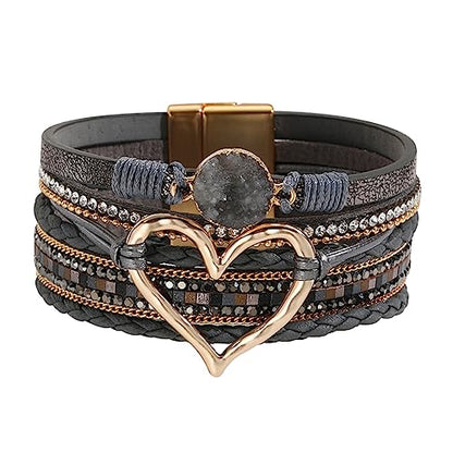 Womens Love Heart Leather Wrap Bracelet Multi-layer Stacked Bangle | Magnetic Clasp Soft PU Leather Resin Stone Rhinestone Boho Style Birthday Valentine Christmas Bohemian Jewelry Gift - color: Dark Grey