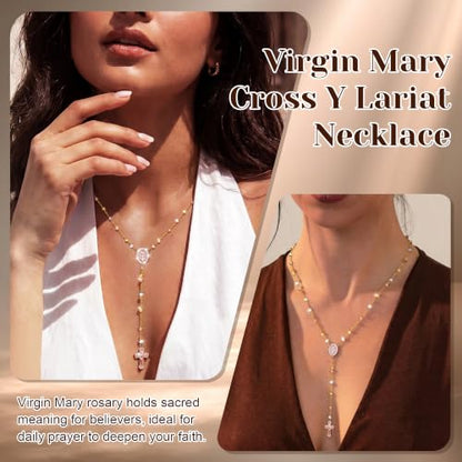 14K Gold/Silver Plated Miraculous Medal Rosary Cross Necklace Women | Miraculous Medal Y-Chain Rosary Necklace, Premium Gift Box, Catholic Milestone Gifts, Daily Faith Wear - style: Gold Style5