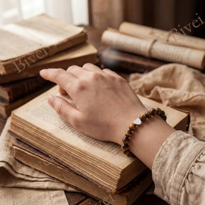 Bivei Crystal Stretch 6mm Bracelets for Women | Handmade Natural Stone Beaded Stretch Bracelet, Stainless Steel Heart Bead, Tranquility Yoga Gift Jewelry for Women - color: Tiger Eye - Empowering