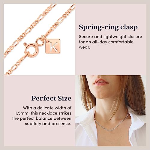 KEZEF Sterling Silver 1.5mm Figaro Chain Necklace for Women - 925 Italian Diamond Cut Chain, Available in Silver, 18K Yellow Gold, Rose Gold, 16-30 Inches - color: Rose Gold, size: 30 Inch