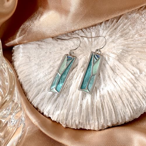 Silver Dangle Earrings for Women Shaped Rectangle Wide Bar Enamel Earrings Colorful Geometric Drop for Daily - color: Blue