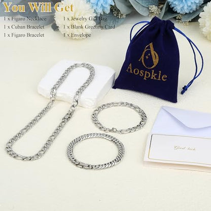 3PCS Figaro Necklace Bracelet Cuban Bracelet, Silver Gold Black Sturdy 316L Stainless Steel Cuban Link Figaro Chain for Men Jewelry Set with Gift Message Card 8mm, 7/8/9 Inches - color: Silver, size: Bracelet width:7 inches