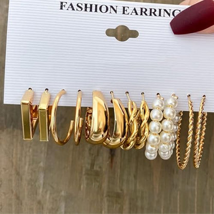 14K Gold Plated Geometric Hoop Earrings for Women Chunky Hypoallergenic Thick Lightweight Jewelry - color: Gold-6 Pairs