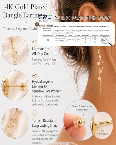 14K Gold Plated/Sterling Silver CZ Pearl Drop Dangle Earrings for Women - color: Gold-Tassel CZ