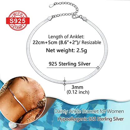 PROSILVER 925 Sterling Silver Ankle Bracelets For Women, Stylish Chain Anklets, Summer Beach Jewelry, 8.6-10.6 Inch Adjustable, Come with Box - style: 04 Herringbone Anklet-3mm