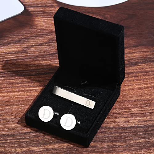 Initial Cuff Links Mens and Tie Clips for Men | Classic Silver Letter Alphabet A-Z Cufflinks and Tie Bar Set, Gifts for Men Father Husband for Formal Business Wedding - style: D