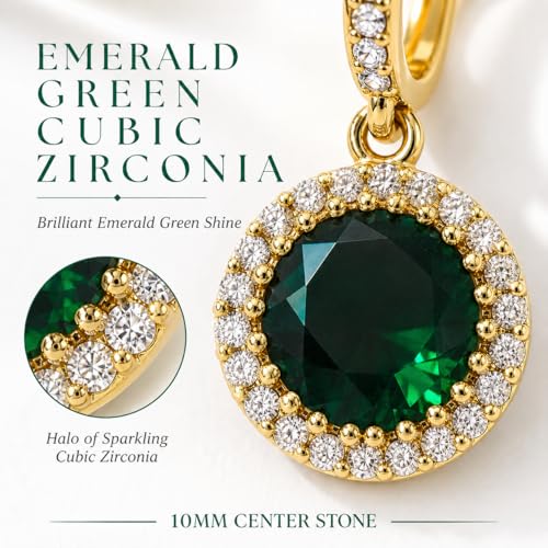 14K Gold Plated Hoop Dangle Earrings for Women, Hypoallergenic Colorful Cubic Zirconia Drop Earrings, Lightweight Huggie Earrings for Women - color: Gold/Emerald Green