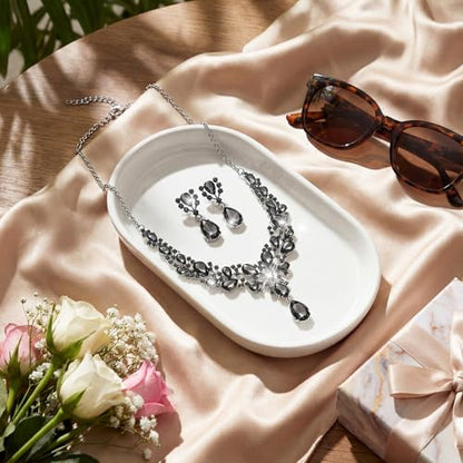 Hicarer Bridal Teardrop Cluster Crystal Jewelry Set for Women Necklace Earrings Wedding - color: Gray Black