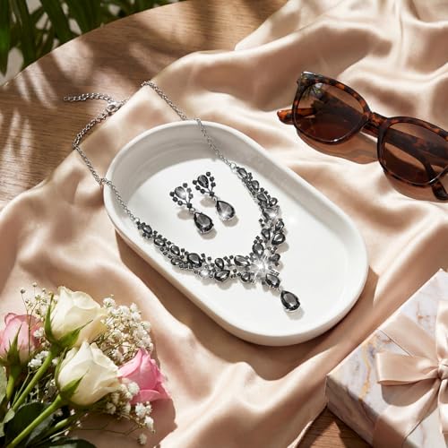Hicarer Bridal Teardrop Cluster Crystal Jewelry Set for Women Necklace Earrings Wedding - color: Gray Black