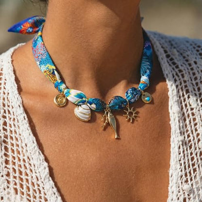 CLASSYZINT Scarf Necklace with Charms Heart Choker Necklace Shell Necklace Bandana Necklac Statement Choker Jewelry - color: Blue