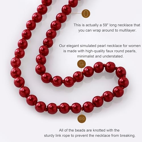 BABEYOND Long Pearl Necklace Faux Pearls Necklace Set Beaded Long Pearls Necklace 1920s Gatsby Costume Jewelry - color: Red