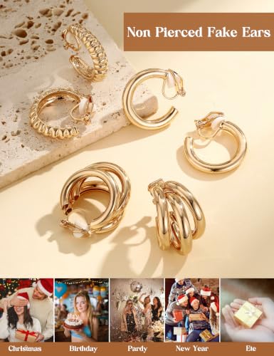 Giovanchi 3Pairs Clip on Earrings for Women with Non-Pierced Ears - Trendy Hypoallergenic 14K Gold Plated Chunky Tube Croissant Waterdrop Clip on Hoop Earrings - style: D-Gold