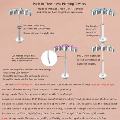 Lantine Threadless Flat Back Stud Earrings Implant Grade F136 titanium Climber Cartilage Earring Lip Labret Medusa Tragus Inner Conch Helix Piercing Jewelry - color: Blue Cz, size: 18g 10mm