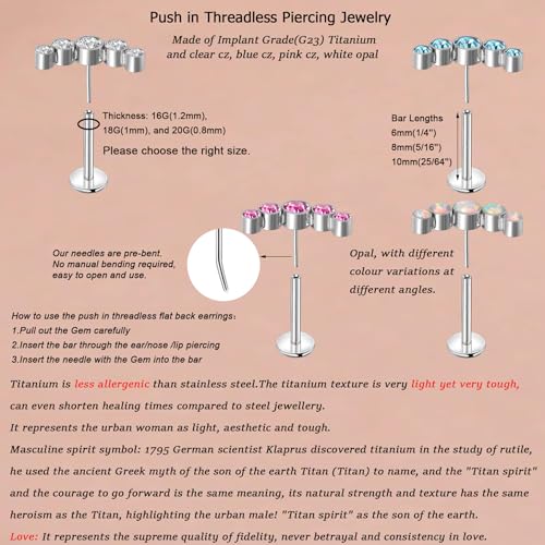 Lantine Threadless Flat Back Stud Earrings Implant Grade F136 titanium Climber Cartilage Earring Lip Labret Medusa Tragus Inner Conch Helix Piercing Jewelry - color: Clear Cz, size: 16g 6mm