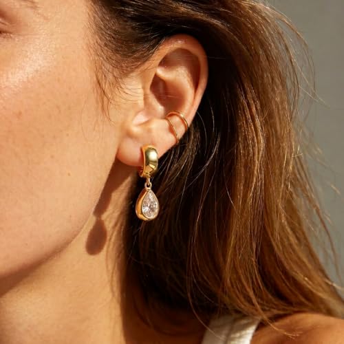 Gold Dangle Earrings for Women, 14K Gold Plated Chunky Hoop Earrings with Charms Cubic Zirconia Drop Earrings Statement Jewelry for Women - color: Gold B