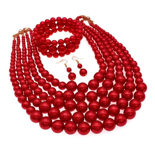 Faux Big Pearl Srand Necklaces for Women 5 Layers Pearls Choker Bib Collar Necklace Bracelet and Earrings set 1920s Costume Pearl Jewelry Bridal Wedding - color: red