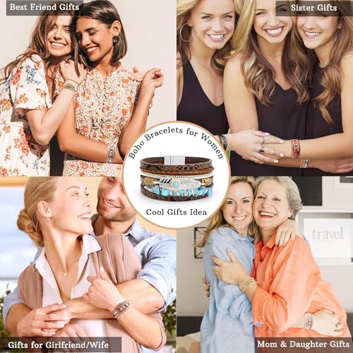 Bracelets for Women, Gifts for Mom Her Christmas Gift 2026 Leather Bracelets for Women Birthday Gift for Daughter Inspirational Wrap Bracelet Sister Friend Teen Girl Gift Layered Stocking Stuffers Jewelry - style: Brown-Turquoise
