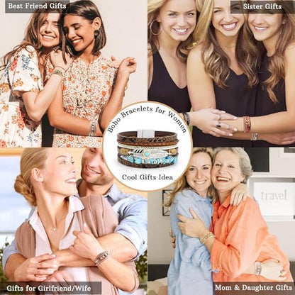 Bracelets for Women, Gifts for Mom Her Christmas Gift 2026 Leather Bracelets for Women Birthday Gift for Daughter Inspirational Wrap Bracelet Sister Friend Teen Girl Gift Layered Stocking Stuffers Jewelry - style: Brown-Turquoise
