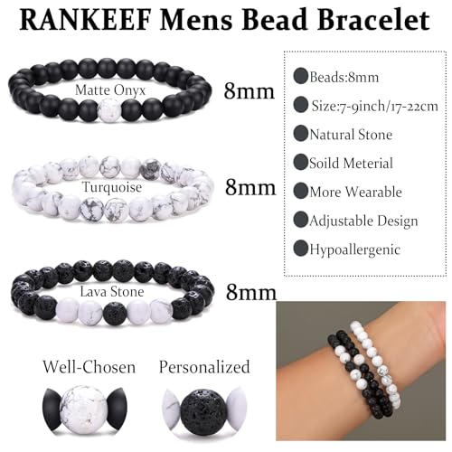 Mens Bead Bracelet Set - Adjustable Elastic Rope With 6&8MM Natural Stone Multi-Colored Beads - Tiger Eye Bracelets for Men - Gift - style: 3,white,black bracelet