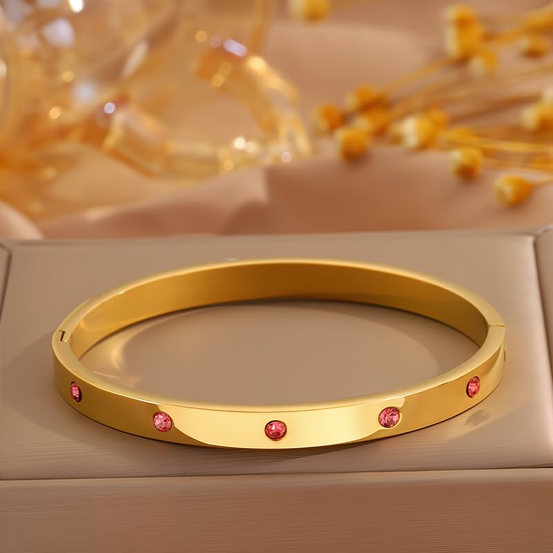 Gold Bangle Bracelet for Women, Stainless Steel Pink Crystal Adjustable Cuff