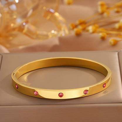 Gold Bangle Bracelet for Women, Stainless Steel Pink Crystal Adjustable Cuff