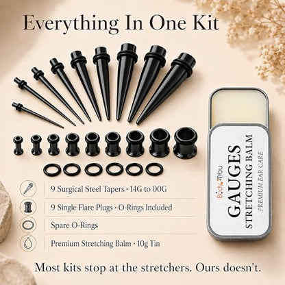 BodyJ4You 37PC Ear Gauge Stretching Kit 14G-00G - Aftercare Balm Tapers | Gauges for Ears Dead Stretching Lobe - Surgical Stainless Steel Single Flare Plugs - Flesh Tunnels O-Rings Expander Men Women - color: Black, Single Flare