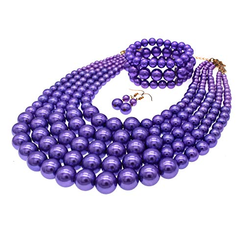 JNF Large Faux Pearl Necklaces for Women Multi strand Pearl Necklace Bracelet and Earrings Set 1920s Costume Pearls Necklace Jewelry Accessories - color: Purple