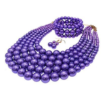 JNF Large Faux Pearl Necklaces for Women Multi strand Pearl Necklace Bracelet and Earrings Set 1920s Costume Pearls Necklace Jewelry Accessories - color: Purple