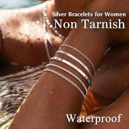 Dainty Gold Bracelet for Women Trendy Non Tarnish, Thin Bracelets Stackable Set with Bangle Cuff, Box, Herringbone, Paperclip, Figaro, Sparkling Link Chains Waterproof, Simple Jewelry Gifts for Women - color: Silver-tennis/cuban/bangle/paperclip/snake