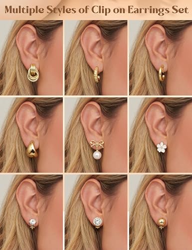 LOLIAS Clip On Earrings for Women 14K Gold Plated Clip Earrings Non Pierced | Hypoallergenic Ears Clips CZ Pearl Knot Twist Chunky Hoop and Studs Earring Set Lightweight Fake Earings Jewelry - style: 9Pairs-14K Gold Plated