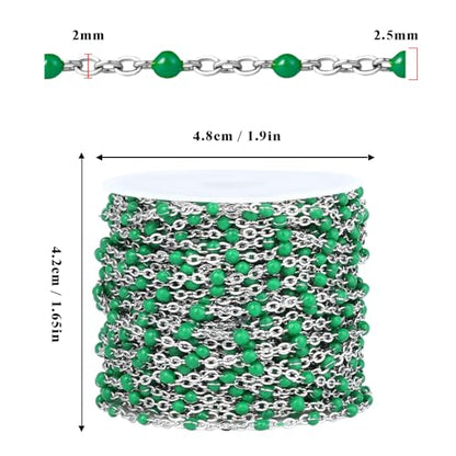 33FT 2mm Stainless Steel Green Enamel Link Chains Bulk for Jewelry Making | 304 Stainless Steel Enamel Beaded Cable Chains Roll Spool for Necklace Bracelet Craft - color: Stainless Steel Green Beads