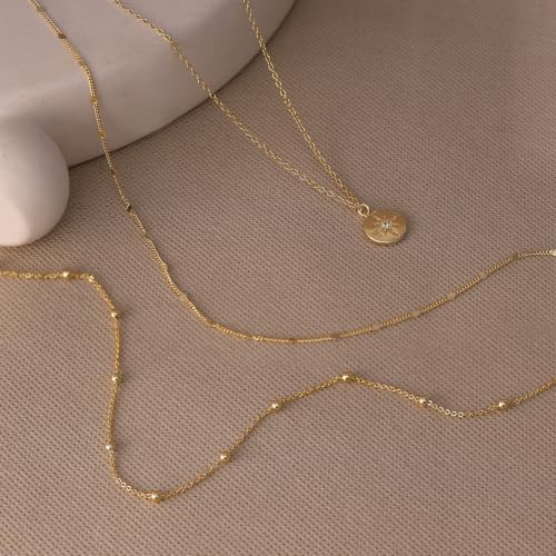 Ewrkbr Layered Necklaces for Women, Dainty Gold Necklace Stack 14k Gold Plated Layering Beaded Chain Choker Necklaces for Women Trendy Simple Disc Star Pendant Necklace Set Fashion Waterproof Jewelry - color: Gold-Dot+Sun