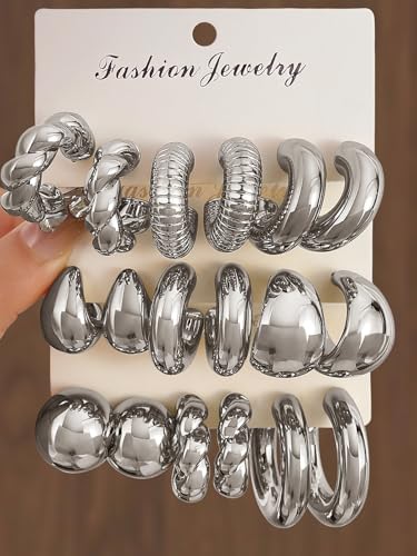 IFKM 24 Pairs Gold Hoop Earrings Set for Women Hypoallergenic Chunky Chain Twisted Open Hoops Dangle Earring Packs for Birthday Party Christmas Fashion Jewelry Gift - color: 9 Pairs Silver