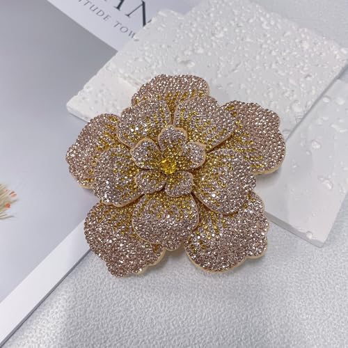 Rhinestone Flower Brooch Pin for Women Men Elegant Sparkly Crystal Camellia Floral Lapel Pins Shawl Dress Suit Clothes Accessories Wedding Party Fashion Jewelry 105mm - color: Champagne