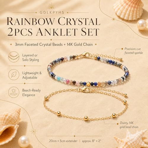 2Pcs Beaded Anklets for Women, Natural Stone Bead Ankle Bracelets with 14K Gold Plated Chain, Waterproof Adjustable Layered Anklet Set, Boho Beach Summer Jewelry Gift - color: Rainbow Crystal