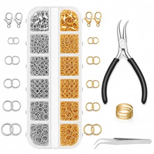 1200 Pcs Jump Rings for Jewelry Making, Jewelry Repair Kit with Lobster Claw Clasps, Pliers, Tweezers & Ring Opener, Gold and Silver Open Jump Rings for Necklace, Bracelet, Earrings, Keychains