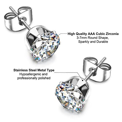 JewelrieShop Women Stud Earrings Set Tiny Small Colorful Earings Stainless Steel Post Earrings Hypoallergenic CZ Birthstone Ear Studs (8 pairs,4mm,Round,Square CZ)