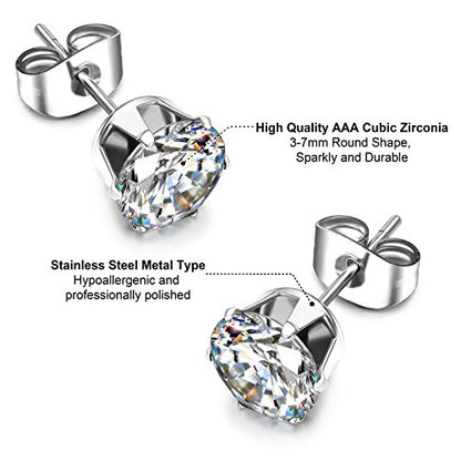 JewelrieShop Women Stud Earrings Set Tiny Small Colorful Earings Stainless Steel Post Earrings Hypoallergenic CZ Birthstone Ear Studs (8 pairs,4mm,Round,Square CZ)